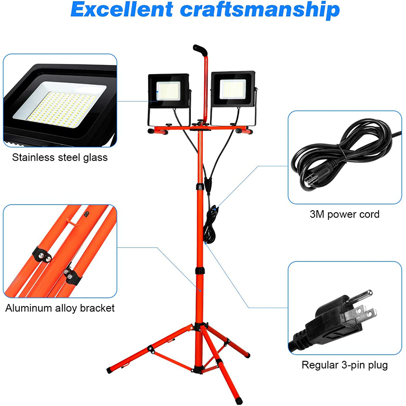  Led Work Light, 100W 10000LM 5000K Daylight White Work Lights with Stand, Rotatable Twin-Head & Telescopic Metal Tripod, Portable Led Flood Light Indoor/Outdoor IP65 Waterproof.Led work