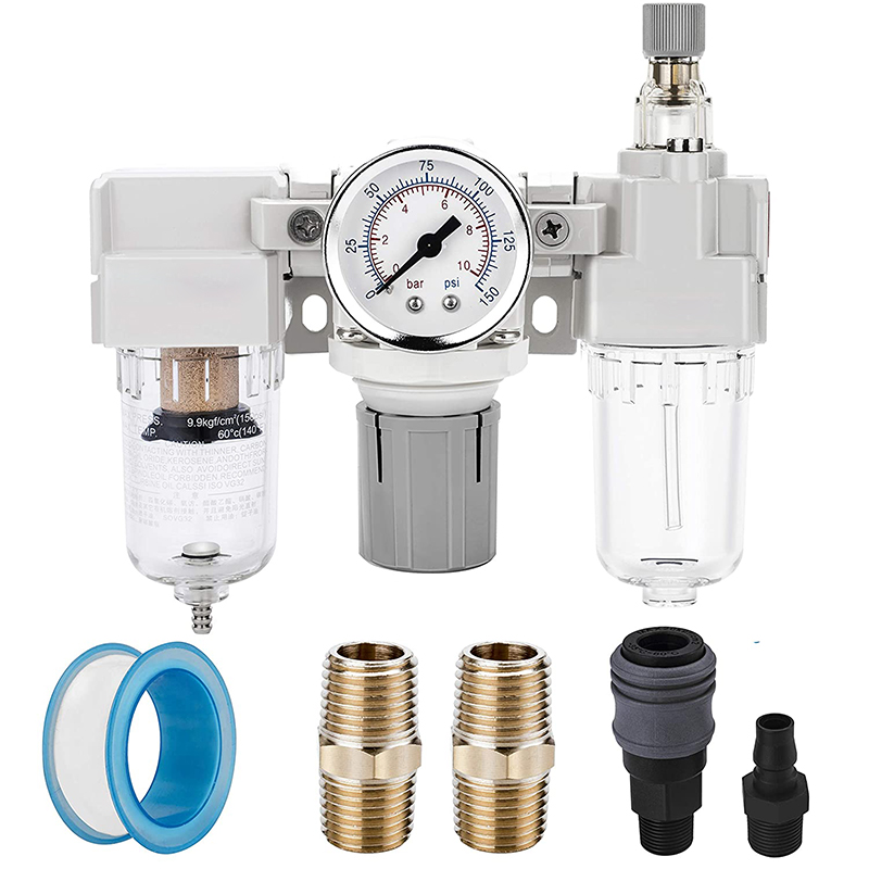 1/4" NPT Air Filter Regulator & Lubricator (FRL) Combo Water/Oil Trap Separator 5 Micron Brass Element Semi-Auto Drain Poly Bowl Metal Bracket