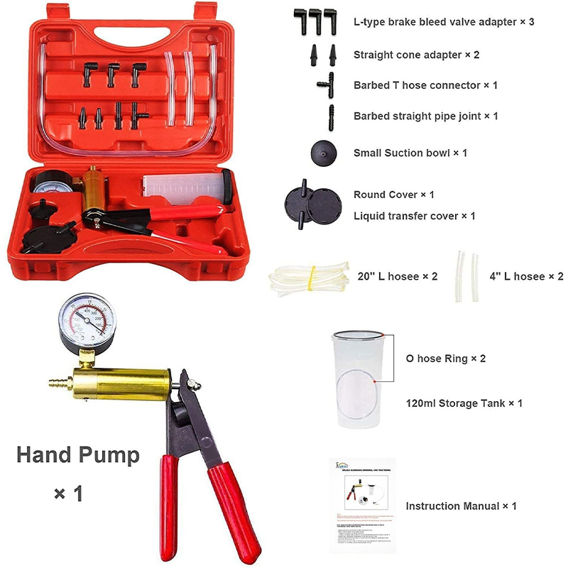  Handheld Vacuum Pump Tester Set Vacuum Gauge and Brake Bleed Kit for Car with Adapter Box, Hand Vacuum Pump