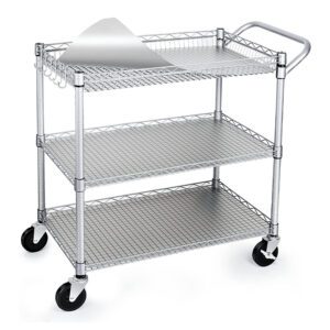  Commercial Grade Heavy Duty Utility Trolley 990 lb Capacity, 3-Tier Rolled Trolley with Wheels, Metal Serving Trolley with Handle, Shelf Liners, Kitchen Hooks, Dining Room