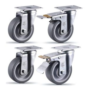  4 Inch Casters Set of 4 Heavy Duty Casters with Brakes 2200 Lbs Swivel, TPR Rubber Wheel Silent Casters Locking Industrial Flat Casters For Trolley Furniture Workbench Free Bolts and Nuts