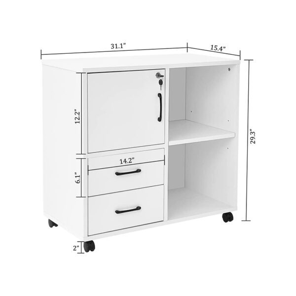  Office Storage Cabinet with 2 Drawers,Modern Rolling Cabinet with 3 Storage Shelves Printer Stand Table with Wheels for Home Office Storage