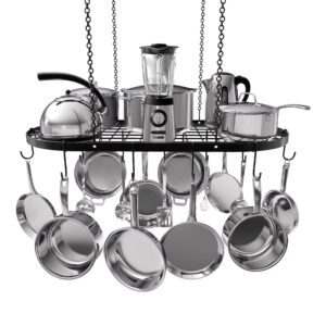  Pots and Pans Ceiling Rack, Mounted Cookware Storage, Hanging Pots and Pans Hanging Organizer with 15 Hooks for Kitchen Storage