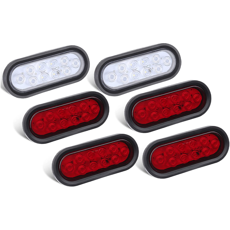  4 Red+2 White 6 Inch Oval LED Trailer Tail Light Kit, Comes with Grommet and 3-Pin Waterproof Plug, Stop Brake Steering Reverse Reversing Trailer Light IP67 Waterproof for Trailer RV Truck Jeep
