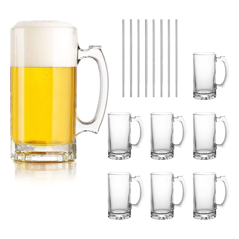  Beer Mugs Set,Glass Mugs With Handle 16oz,Large Beer Glasses For Freezer,Beer Cups Drinking Glasses 500ml,Pub Drinking Mugs Water Cups For Bar,Alcohol, Set of 8