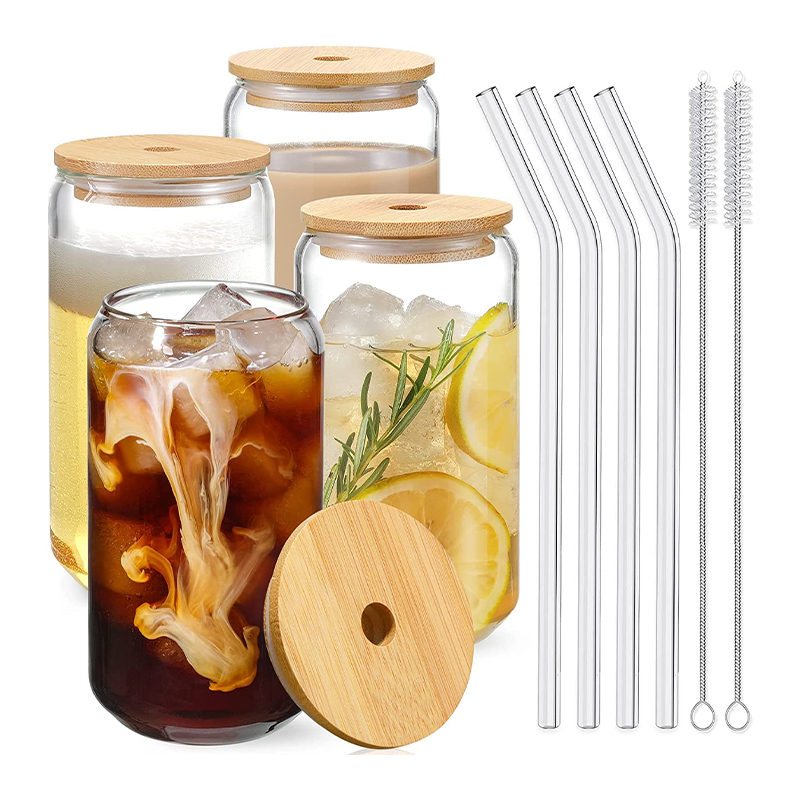  Drinking Glasses with Bamboo Lids and Glass Straw 4pcs Set - 16oz Can Shaped Glass Cups, Beer Glasses, Iced Coffee Glasses, Cute Tumbler Cup, Ideal for Cocktail, Whiskey, Gift - 2 Cleaning Brushes