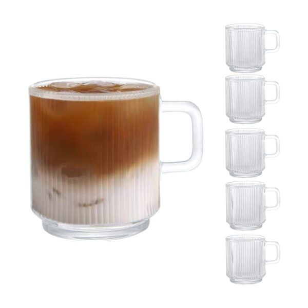  [6 PACK, 12 OZ] Premium Glass Coffee Mugs with Handle, Classic Vertical Stripes Tea Cup,Transparent Tea Glasses for Hot/Cold Beverages, Perfect Design for Americano, Cappuccino, Latte.