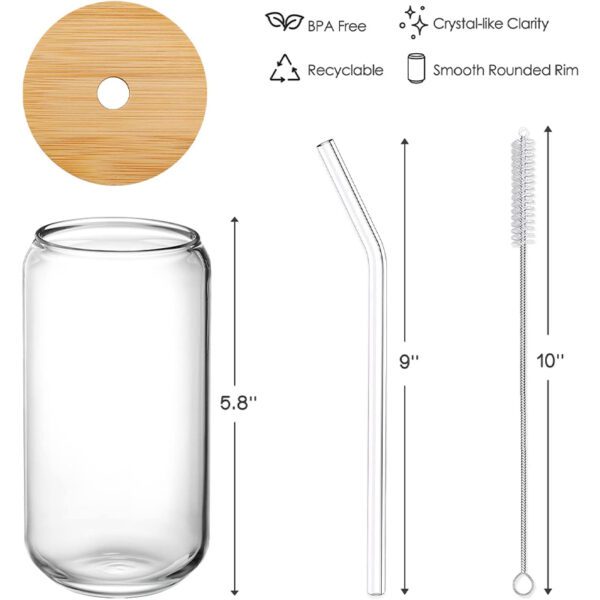  Drinking Glasses with Bamboo Lids and Glass Straw 4pcs Set - 16oz Can Shaped Glass Cups, Beer Glasses, Iced Coffee Glasses, Cute Tumbler Cup, Ideal for Cocktail, Whiskey, Gift - 2 Cleaning Brushes