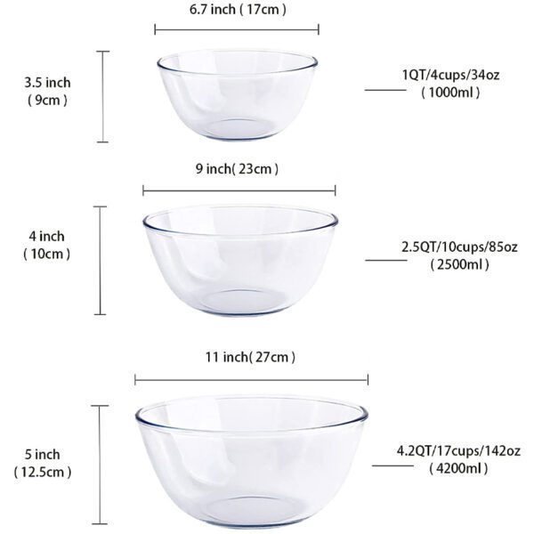  Glass Mixing Bowl Set for Baking 3-Piece Salad Bowl Set (1qt, 2.5qt, 4.2qt), High Brosilicate Large Bowls for Kitchen Prepping Serving and Storage, Microwave Dishwasher Oven Safe