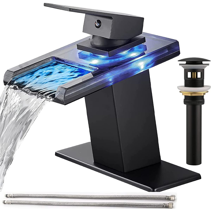 LED Bathroom Sink Faucet,Black Waterfall Single Handle Vanity Faucets for Sinks 1 or 3 Holes with Metal Pop Up Drain and 2 Water Supply Lines, Open Glass Spout