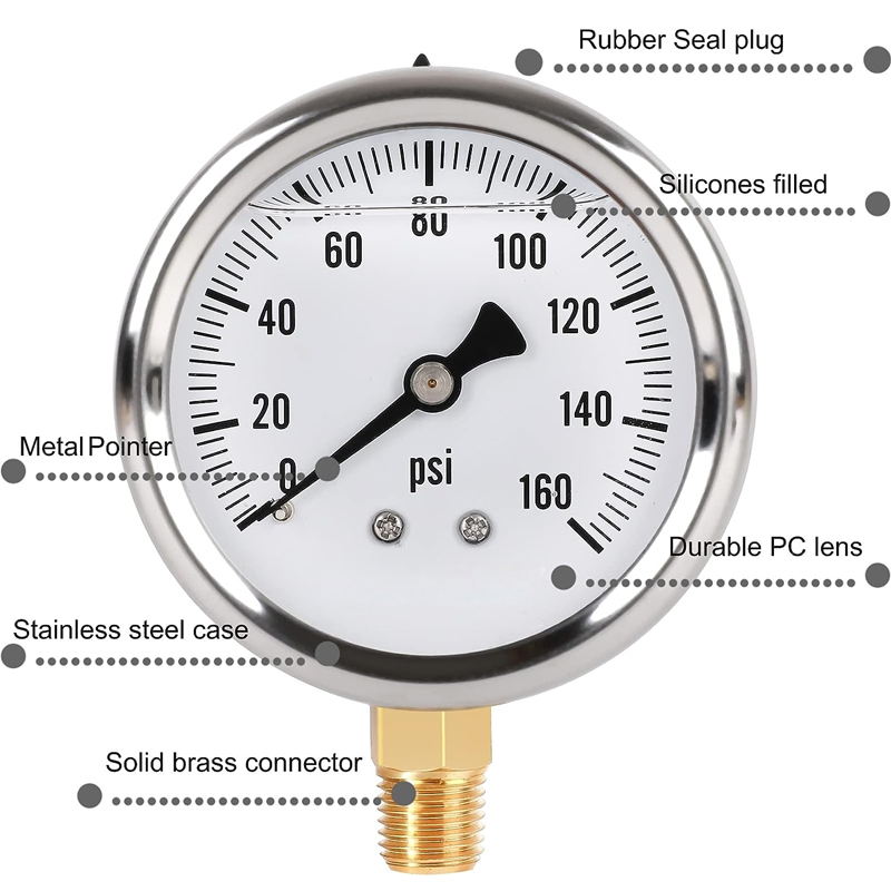  Glycerin Filled Pressure Gauge with 304 Stainless Steel Case
