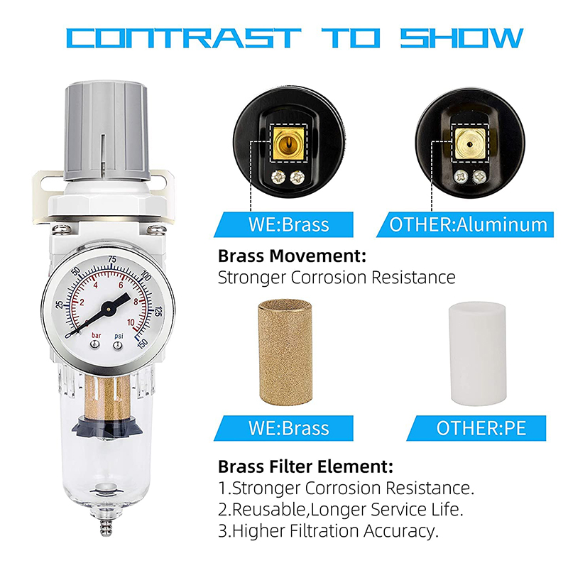 1/4" NPT Compressed Air Filter Regulator Combo 5 Micron Brass Element Semi-Auto Drain Metal Bracket 0-150 psi Gauge Ball Valve - Image 4