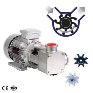 Hygienische, lebensmittelechte Edelstahlpumpe mit flexiblem Impeller fördert viskose Flüssigkeiten präzise. Geeignet für die Förderung viskoser Flüssigkeiten in Lebensmitteln wie Milchprodukten und Marmelade.