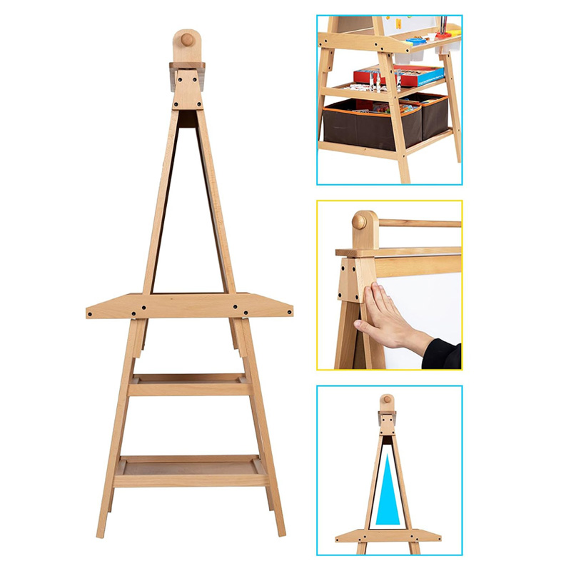 Eine einfache Grafik oder Abbildung, die den Mechanismus zur Höhenverstellung (z. B. mittels Stiften oder Schrauben) veranschaulicht und die Staffelei in ihrer niedrigsten Einstellung (für Kleinkinder) und in ihrer höchsten Einstellung (für ältere Kinder) zeigt.