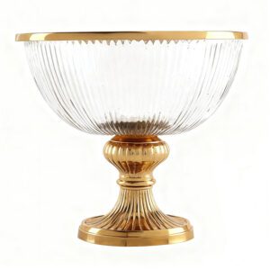 Brass Polished Round Embossed Metal Base Clear Glass Bowl Decorative Fruit Dish