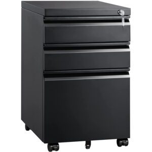 3 mobile filing cabinets with locked drawers, metal filing cabinets under the desk, used for legal/letter/A4 documents, fully assembled, except for wheels, black, bottom cabinet, movable cabinet, push cabinet