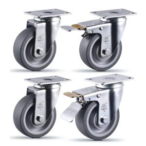 4 Inch Casters Set of 4 Heavy Duty Casters with Brakes 2200 Lbs Swivel, TPR Rubber Wheel Silent Casters Locking Industrial Flat Casters For Trolley Furniture Workbench Free Bolts and Nuts