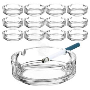 Glass Ashtrays Bulk for Cigarette Cigar Crystal Ashtray 12 Pcs Large Home Round Clear Glass Ashtray Cool Office Decor Outdoor and Indoor Use for Home Patio Porch Deck Decoration, 4.21 x 1.3 Inches