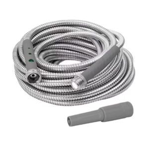 50' Metal Garden Hose Lite Super Flexible Garden Hose, Lightweight No Kink Puncture Resistant 304 Stainless Steel Hose With Adjustable Fireman Spray Nozzle & Patented Power Couplers