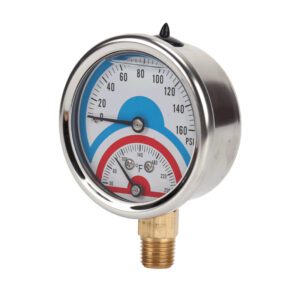 0-160Psi Stainless Steel Thermal Pressure Gauge 30-250℉ 1/4" NPT 2.5" FACE DIAL Liquid Filled Pressure Gauge, Lower Mount