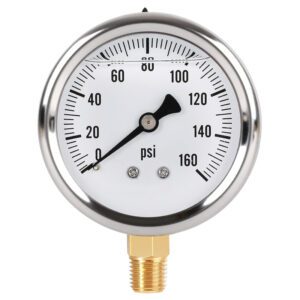 Glycerin Filled Pressure Gauge with 304 Stainless Steel Case, 2.5" Dial Size, 0-160Psi, High Accuracy, 1/4"NPT Center Lower Mount with Single Scale (psi)