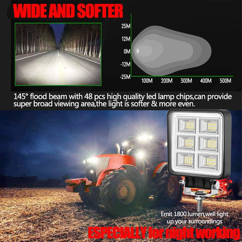 LED Tractor Lights 2 Pcs 4 Inch Flood 12V Square LED Driving Work Lights for Truck Equipment Vehicle Off Road Backup Boat - Image 3
