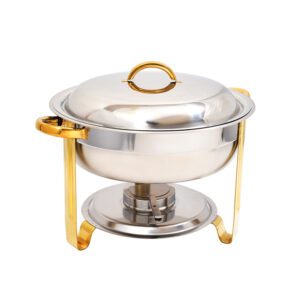 Round Stainless Steel Chafing Dishes Gold-plated 4QT./5L Silver Round Catering Warmer Set with Trays Mirror Cover Thick Stand Frame