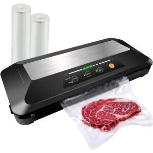 Vacuum Sealer Machine, 80kPa Food Preservation Sealing Machine with Built-in Cutter & Roll Storage, Dry Moist Mode, Food Storage Machine, LED Indicators, Includes 2 Bag Rolls 8”x7’ and 11”x10’
