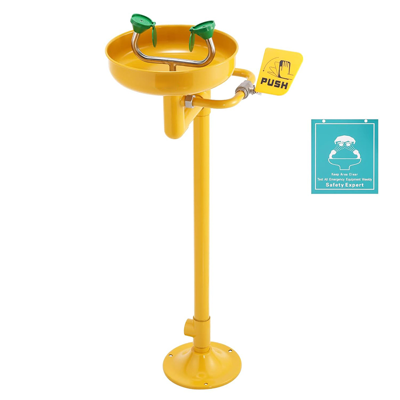Emergency Eye Wash Station Pedestal Mounted Stainless Steel Eyewash Station Adjustable Water Flow with Eye Wash Sign