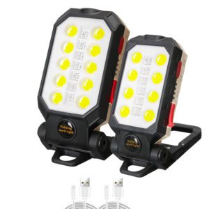 2pack Rechargeable Led Work Light for Mechanics, Portable COB Flood Light with Magnetic Base, Job Site Lighting for Emergencies, Camping, Outdoor (COB Light Beads)