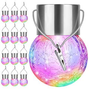 12Pack Outdoor Hanging Solar Lights - Cracked Glass Solar Lights Waterproof LED Decorative Ball Lights Tree Solar Powered Globe Lights with Hook for Garden Yard Fence Christmas Decoration, Multicolor