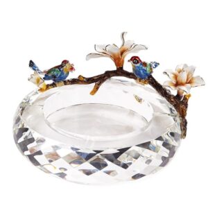 Handmade Metal Flower and Bird Enamel Luxury Crystal Glass Ashtray