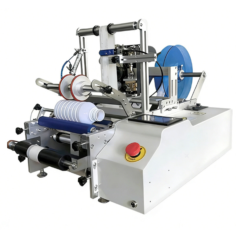 Semi-automatic hot melt glue labeler labeling plastic bottles