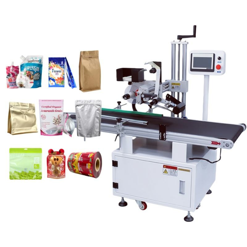 Flat surface labeling machine applying labels on plastic bags