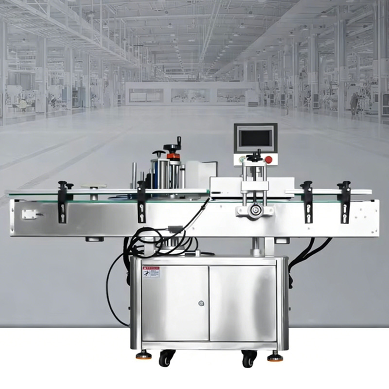 Conveyor system transporting bottles steadily during labeling process industrial line