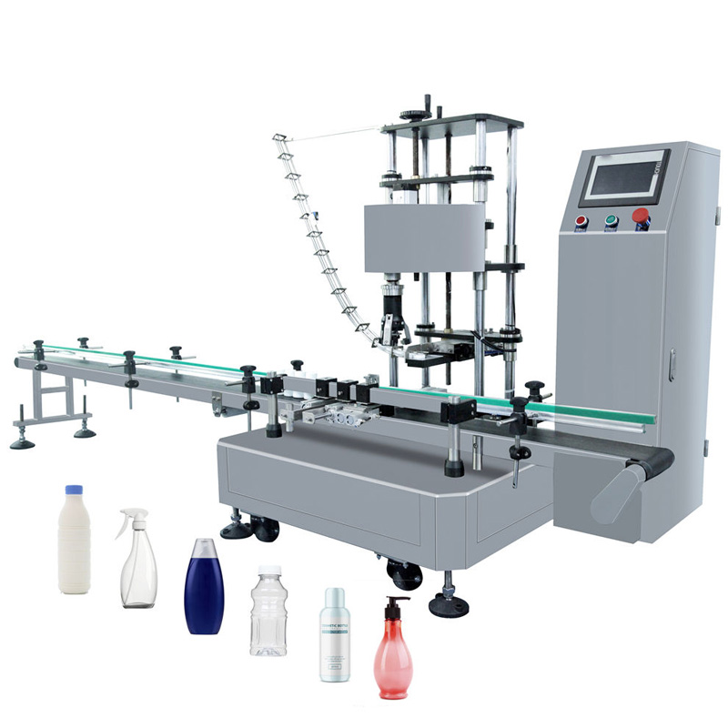 Automatic round bottle capping machine with vibration cap feeder.