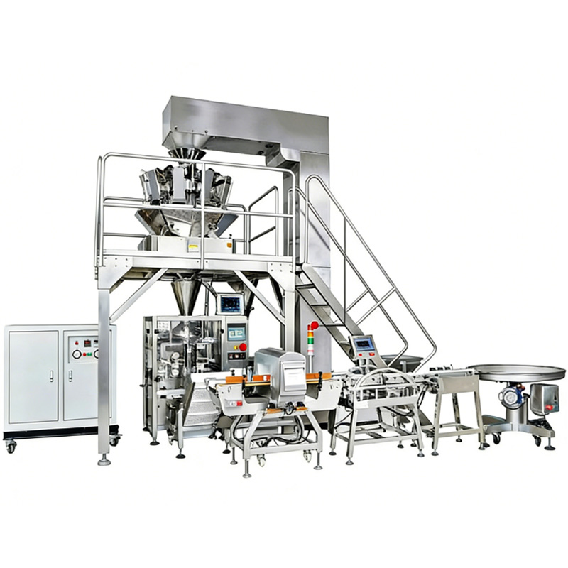 Multihead weigher machine with stainless steel frame and digital touchscreen control.