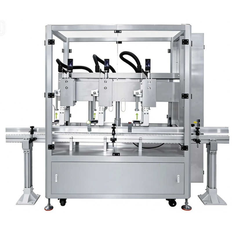High-speed three-head screw capping machine operating on round glass bottles.