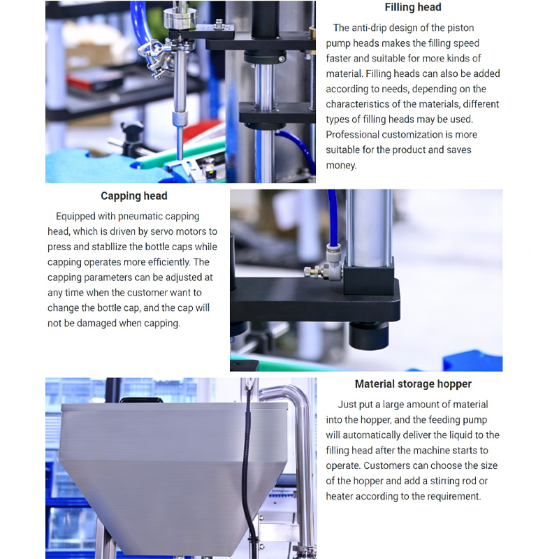 Servo-controlled filling heads dispensing liquid pigment into bottles.