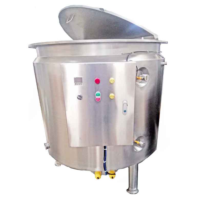 Open-top 1000L chocolate holding tank with control panel.