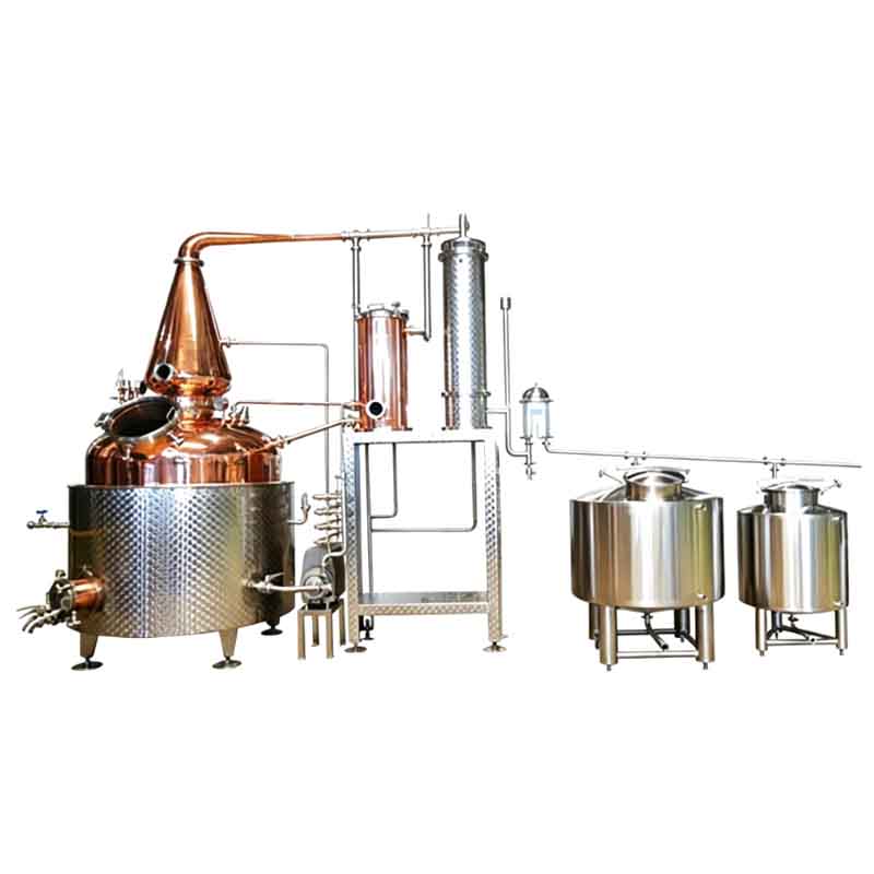 Copper and stainless steel distillery equipment for commercial spirit production.
