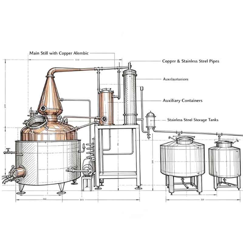 Labeled technical diagram of the large-scale commercial distillery setup.