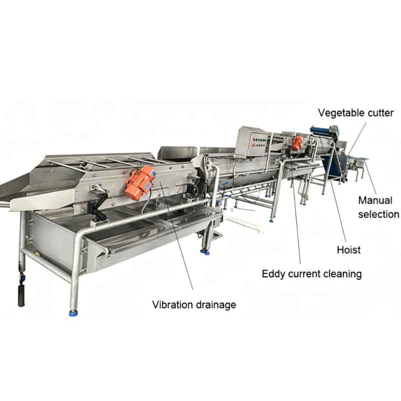 Labeled salad vegetable processing line with multi-stage functions