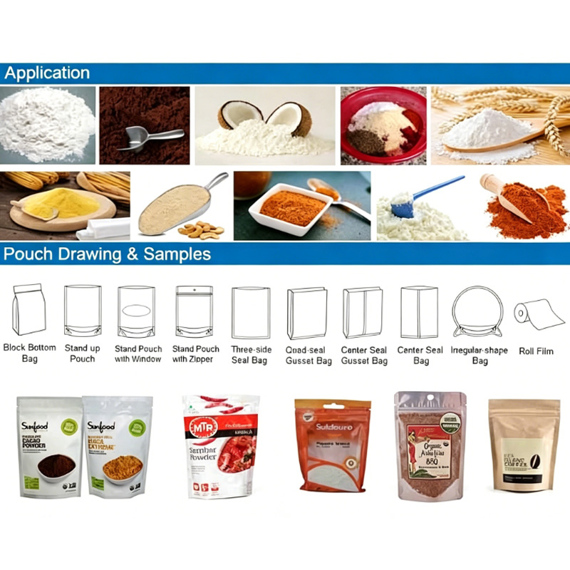 Various pouch packaging applications for powder and food products display