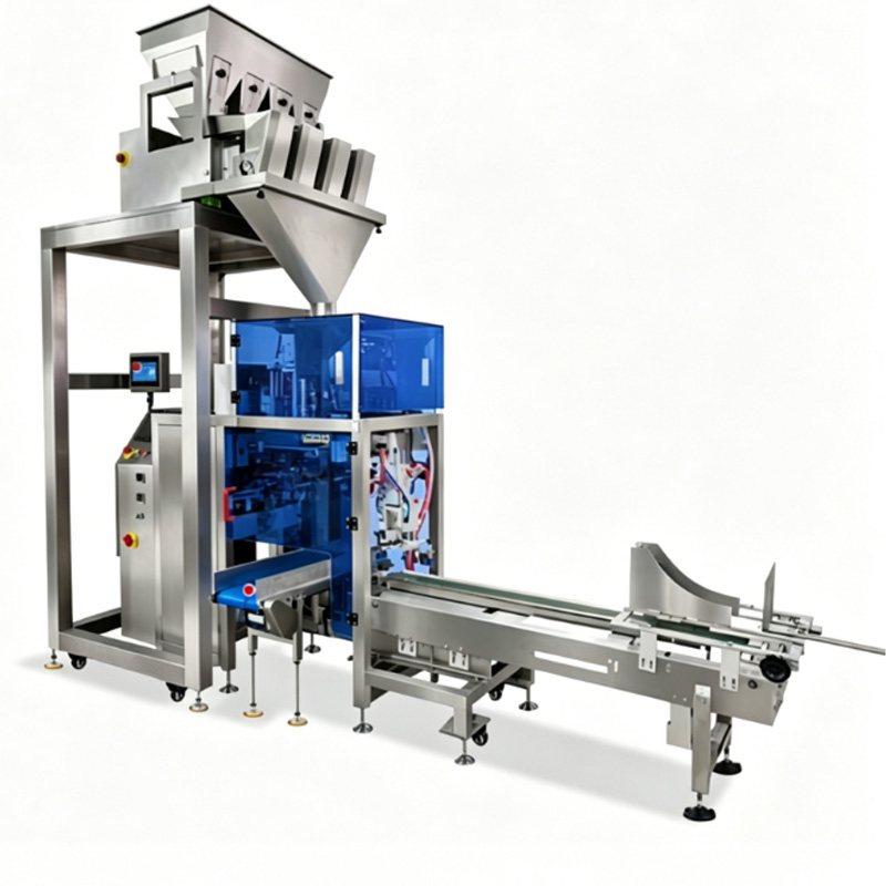 Automatic weighing pouch packing machine with multihead weigher and conveyor system
