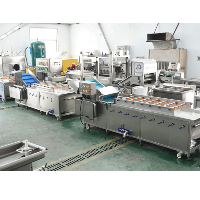Industrial fruit and vegetable washing line installed and running in a clean food processing workshop