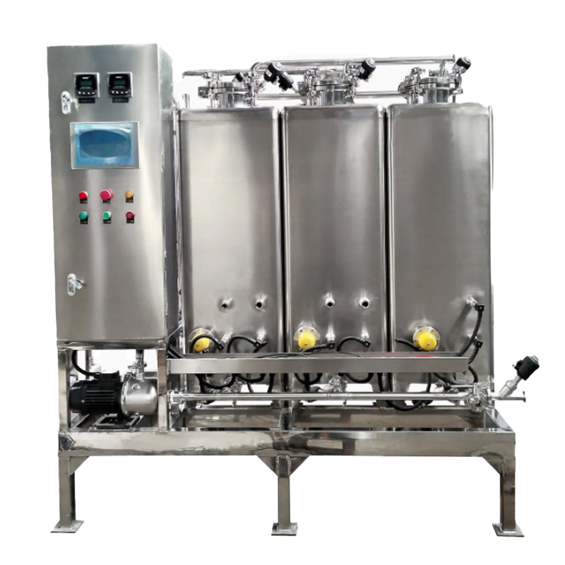 Automatic multi-tank CIP cleaning system for beverage production, clean white background overview