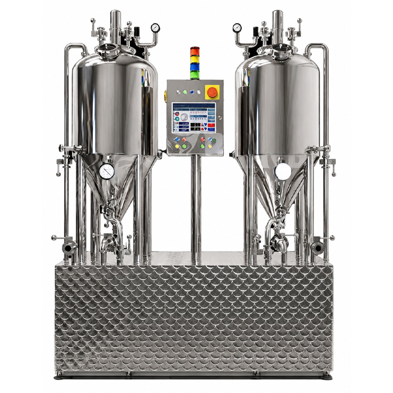 Full view of the stainless steel whiskey fermentation and distillation equipment