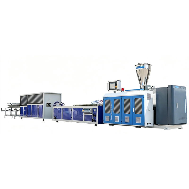 PVC louver wall panel extrusion line, clean white background overview