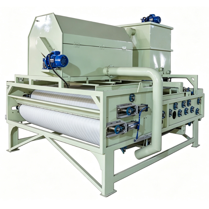 Cold press belt fruit press machine, clean white background overview